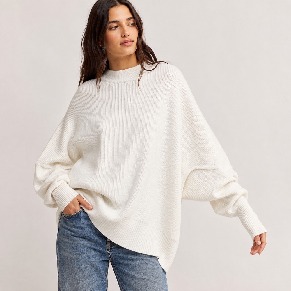 Free People Easy Street Tunic Sweater Size XS Ice White Oversized Fisherman Knit